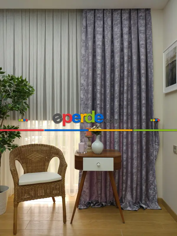 Patinedesenli Lila Koyu Renk Jakar Desenli Fon Perde- Lila Koyu Lila