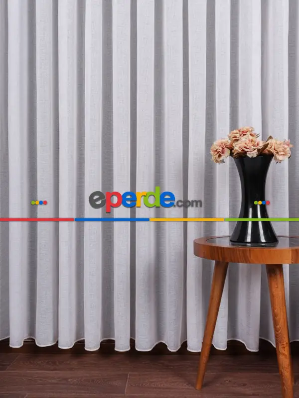 Hazel Beyaz-kahverengi Detaylı Keten Düz Tül Perde Gramajlı