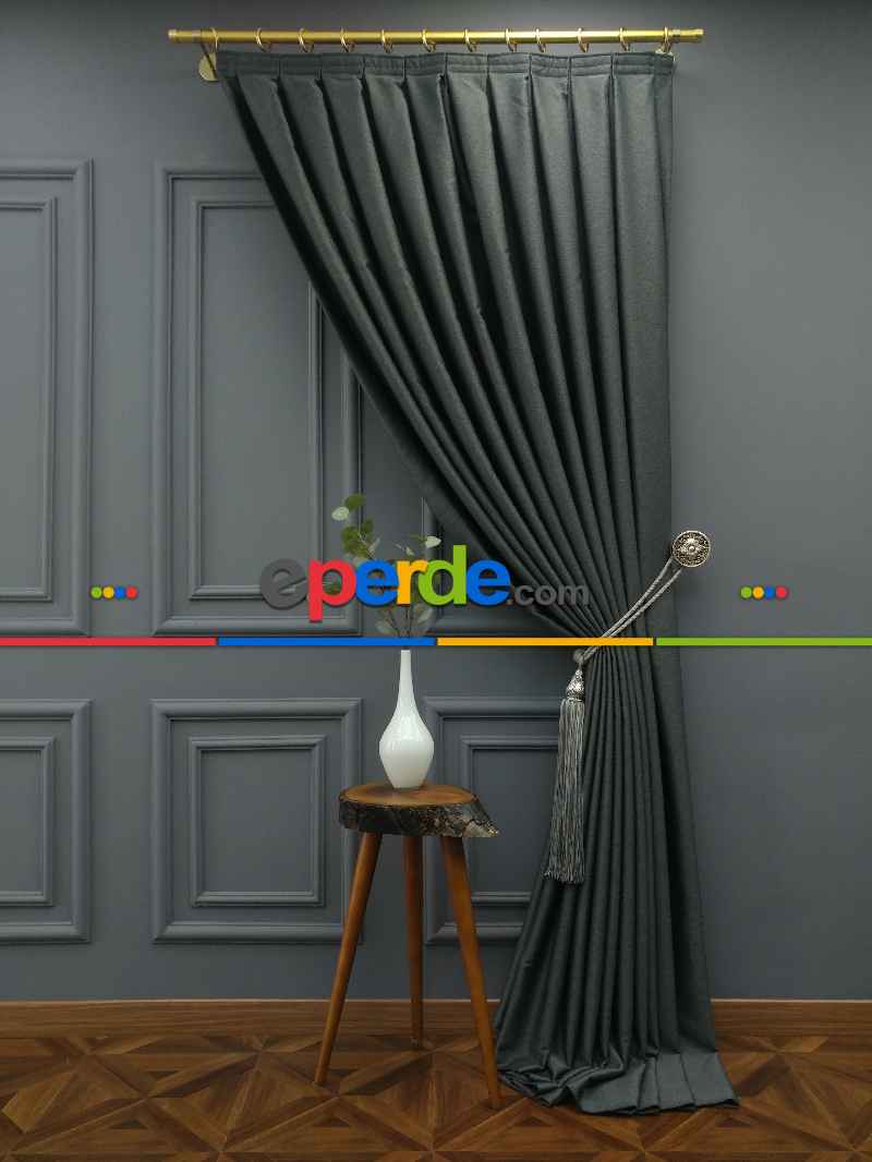 Yatak Odası - Salon Fon Perde - Modern Keten Görünümlü Işık Geçirmez Karatma Fon Perde 2021 Ikon- Füme