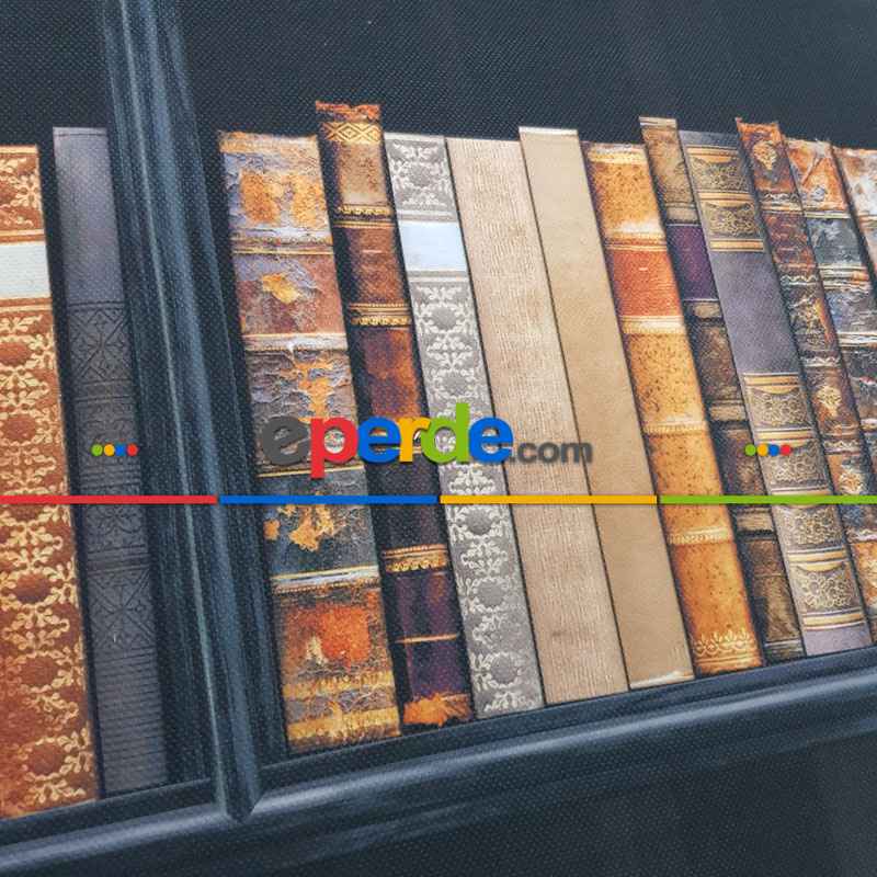 Genç Odası - Kitaplık Desenli Fon Perde Evm1077 Kumaşı Kalındır Duck Bezi Değildir- Kahverengi