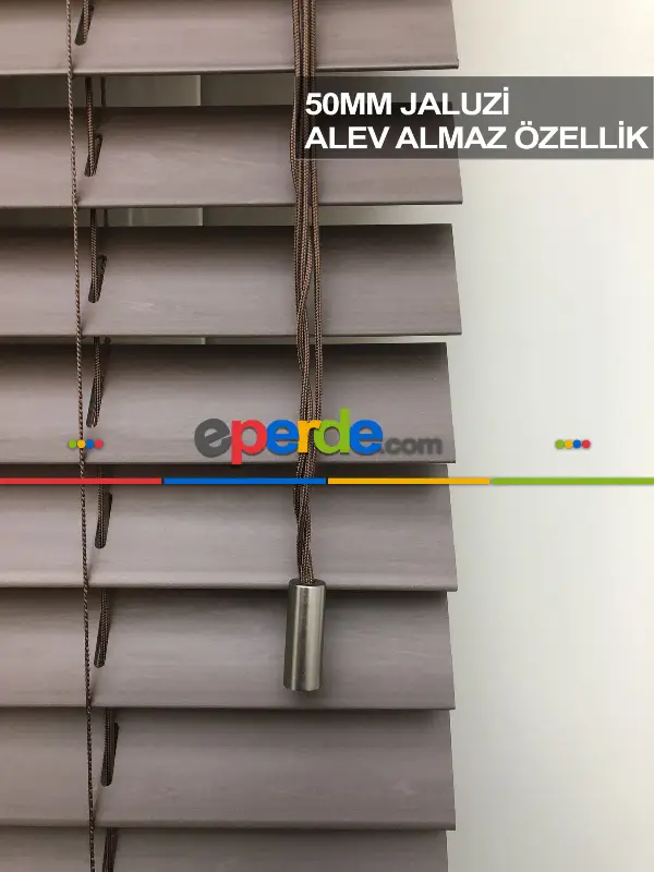 50mm Beyaz Ahşap Efektli Jaluzi Perde Alev Almaz Özellik- Vizon Rengi