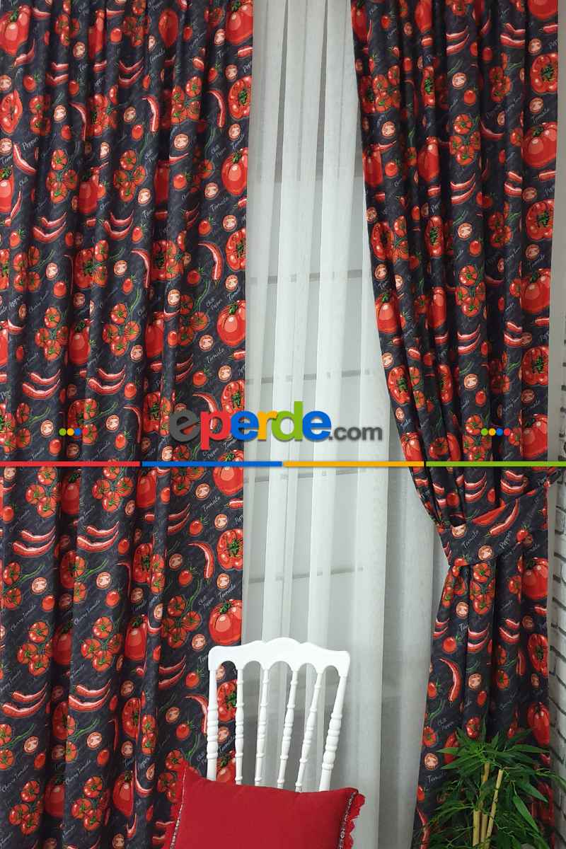 Mutfak Perdesi Kanat Fon Perde Dometes Biber Desenli- Siyah