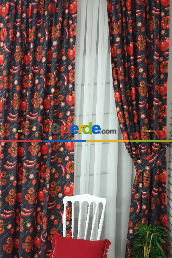 Domates Biber Resimli Fon Perde K610 M - Kumaşı Kalındır Duck Bezi Değildir.- Siyah-Kırmızı-Çok Renkli
