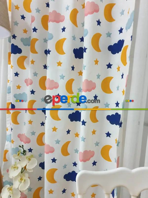 Aydede Bulut Desenli Fon Perde Evm8345 Kumaşı Kalındır Duck Bezi Değildir- Lacivert-beyaz-pembe