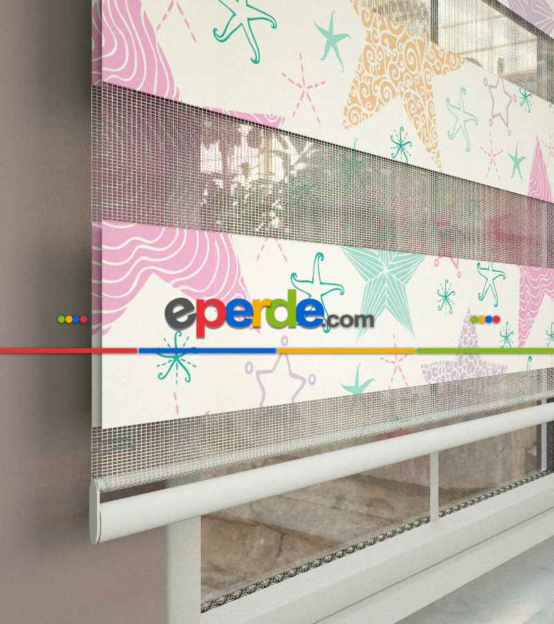 Yıldız Desenli Baskılı Zebra Perde- Çok Renkli