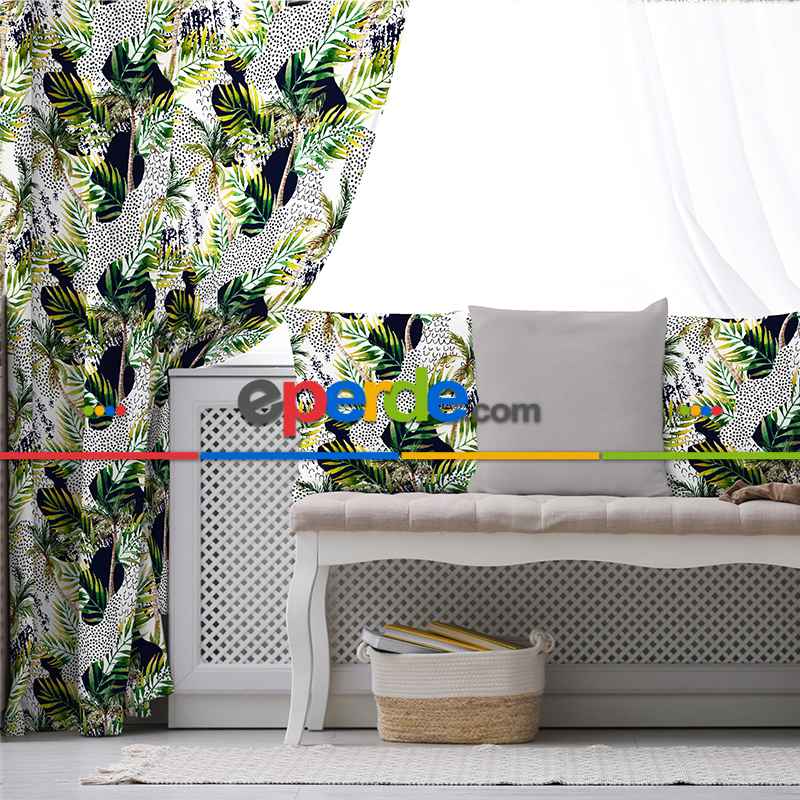 Tropik Desenli Fon Perde Evim584 Kumaşı Kalındır Duck Bezi Değildir- Mavi-beyaz