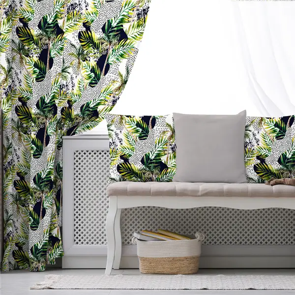 Tropik Desenli Fon Perde Evim584 Kumaşı Kalındır Duck Bezi Değildir- Mavi-beyaz