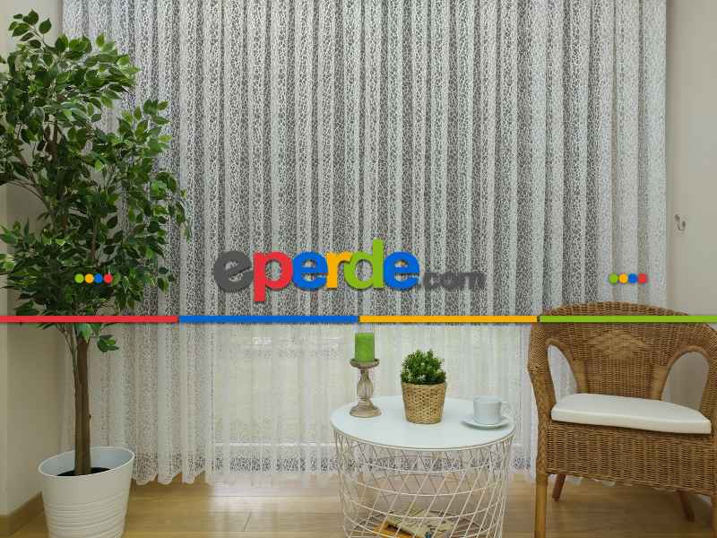 Salon ( Orjinal ) Spor Desen Fransız Dantel Tül Perde & Kruvaze Perde - Ekru - Örümcek Tül Perde