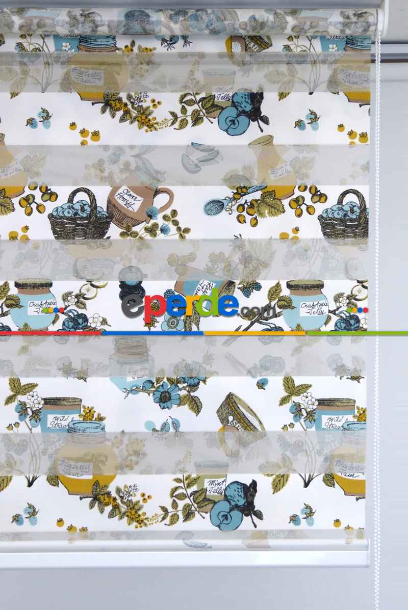 Mutfak Zebra Perde 12-768- Turkuaz-sütlü Kahve