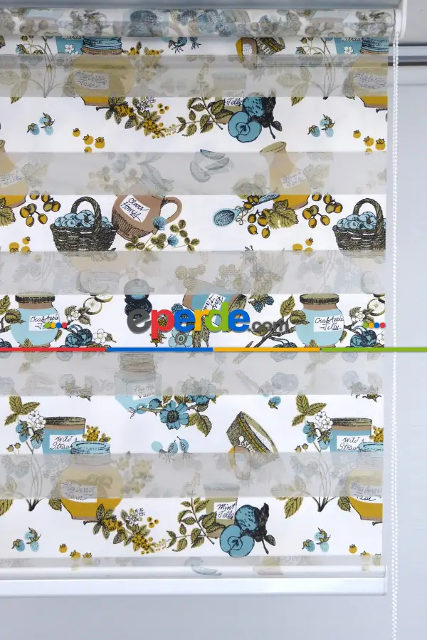 Mutfak Zebra Perde 12-768- Turkuaz-sütlü Kahve