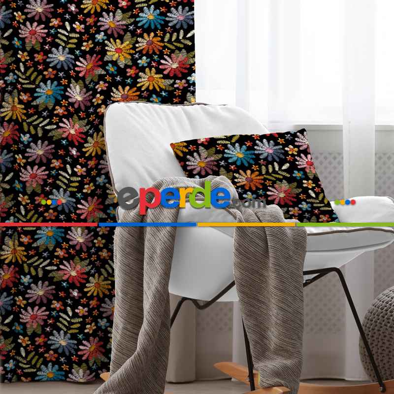 Rengarenk Çiçekli Desenli Fon Perde Evim317 Kumaşı Kalındır Duck Bezi Değildir- Mavi-beyaz