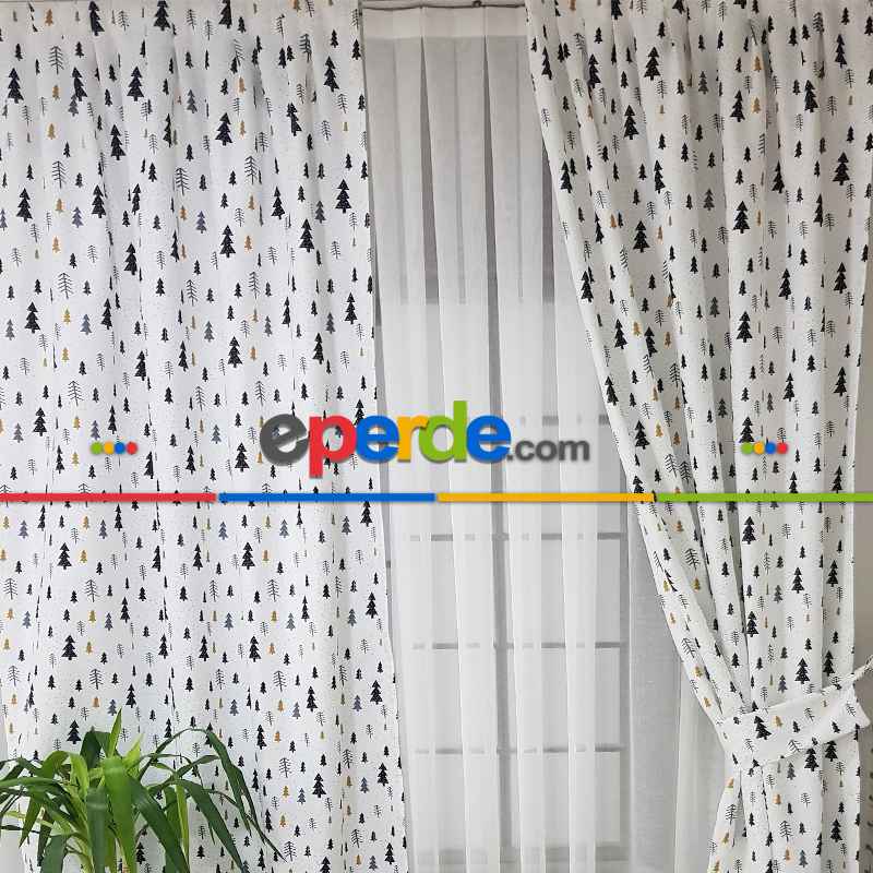 Çam Ağacı Desenli Fon Perde K601 Kumaşı Kalındır Duck Bezi Değildir- Beyaz