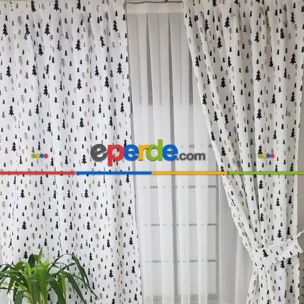 Kız, Erkek, Çocuk ve Bebek Odası Fon Perde - Çam Ağacı Desenli - Siyah Gri Sarı