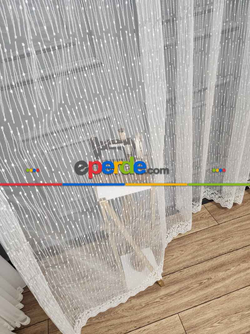 Taç - Brode İşlemeli Tül Perde - Yeni Nokta Çizgi Desenli - İşlemeli Nakışlı Tül Perde - Spor Desen