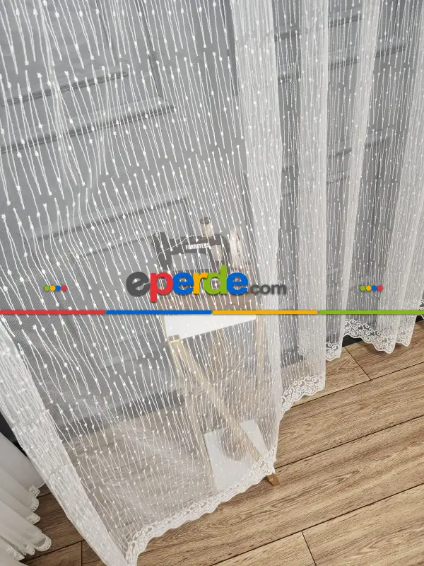 Taç - Brode İşlemeli Tül Perde - Yeni Nokta Çizgi Desenli - İşlemeli Nakışlı Tül Perde - Spor Desen