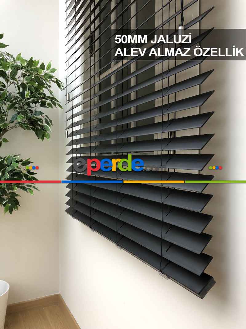 50mm Antrasit Ahşap Efektli Jaluzi Perde Alev Almaz Özellik- Antrasit