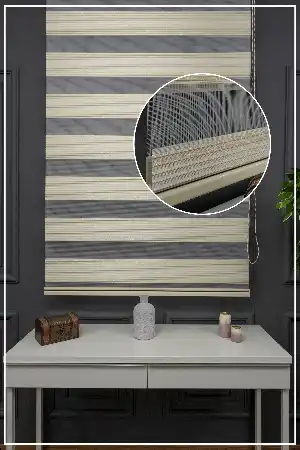 Zebra Perde - Altın Simli Bej Rengi Dar Pileli Zebra Perde