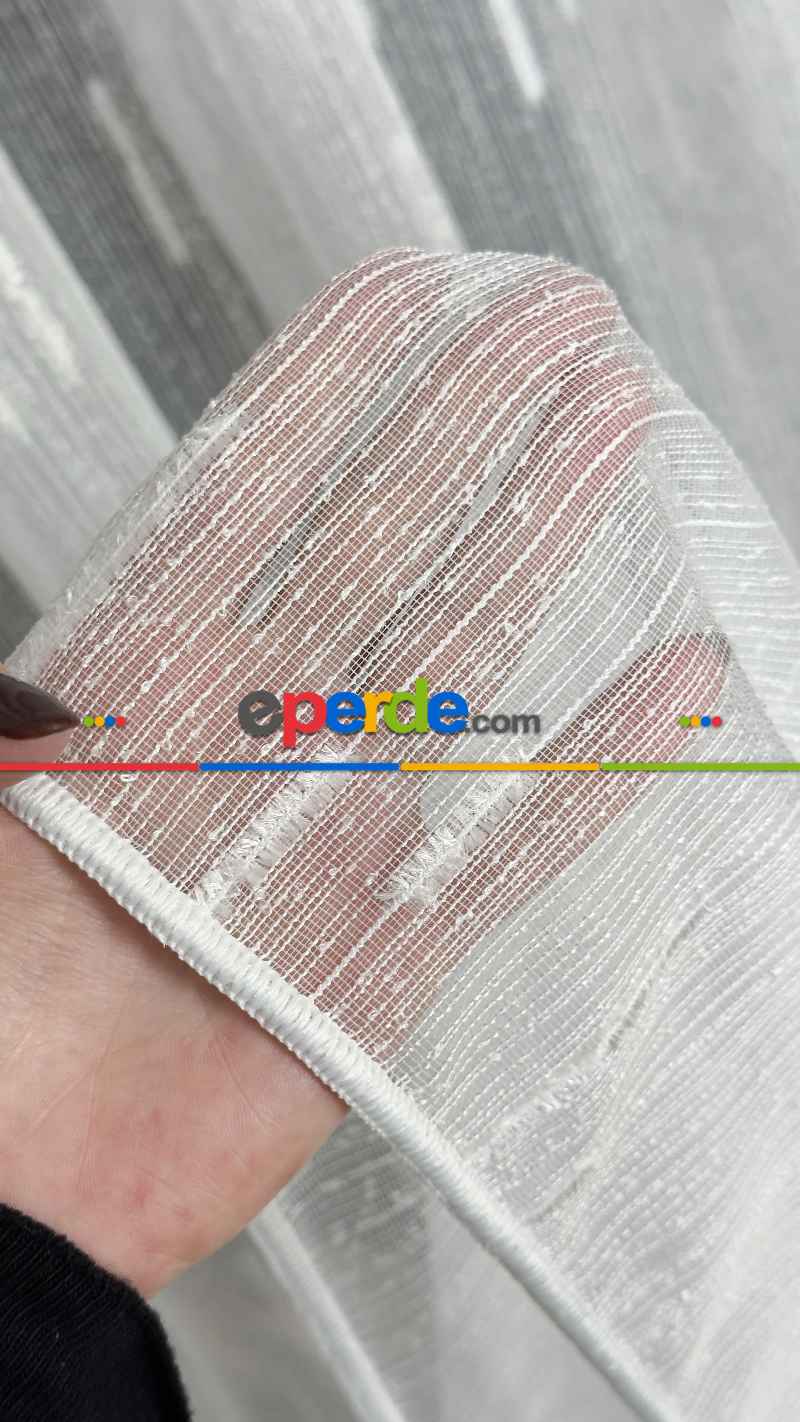 Ekru Şantuk Çizgili Tül Perde Tüğ