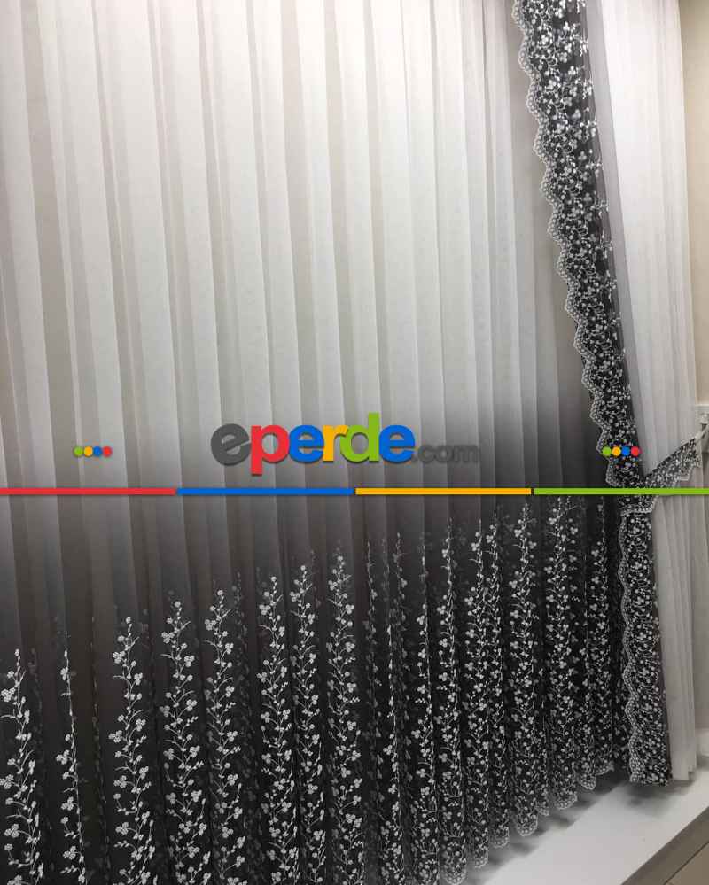 Salon Tül - Gri Degrade İşlemeli Tül