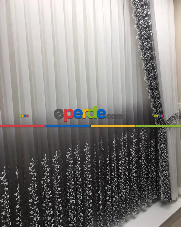 Antrasit Degrade Geçişli Etek Ucu Minik Papatya Desenli İşlemeli Tül