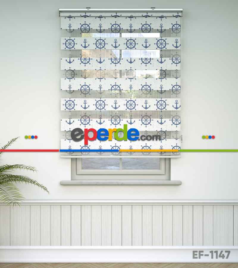 Çocuk Odası Zebra Perde - Dümen Ve Çapa Baskılı Zebra Perde- Mavi-Beyaz