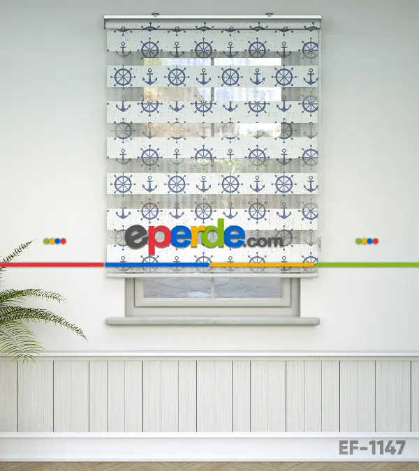 Bebek Odası Zebra Perde - Dümen Ve Çapa Baskılı Zebra Perde- Mavi-Beyaz