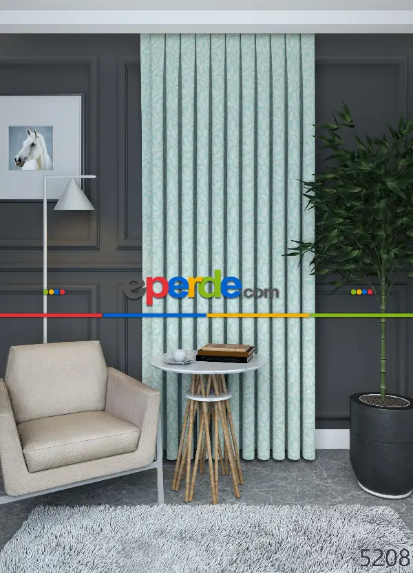 Dökümlü Kumaştan Salon - Geniş En Mint Renkli Yaprak Desen Perde 1. Kalite