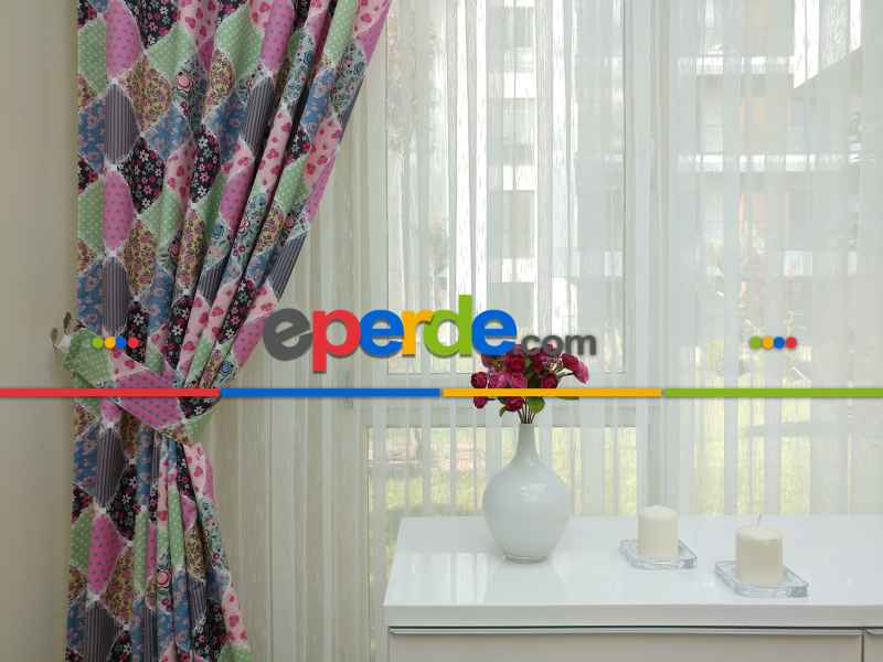 Patchwork Desenli Bebek Ve Çocuk Odası Fon Perde Modelleri- Beyaz-Pembe-Mor