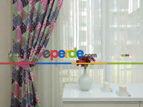 Patchwork Desenli Bebek Ve Çocuk Odası Fon Perde Modelleri- Beyaz-Pembe-Mor