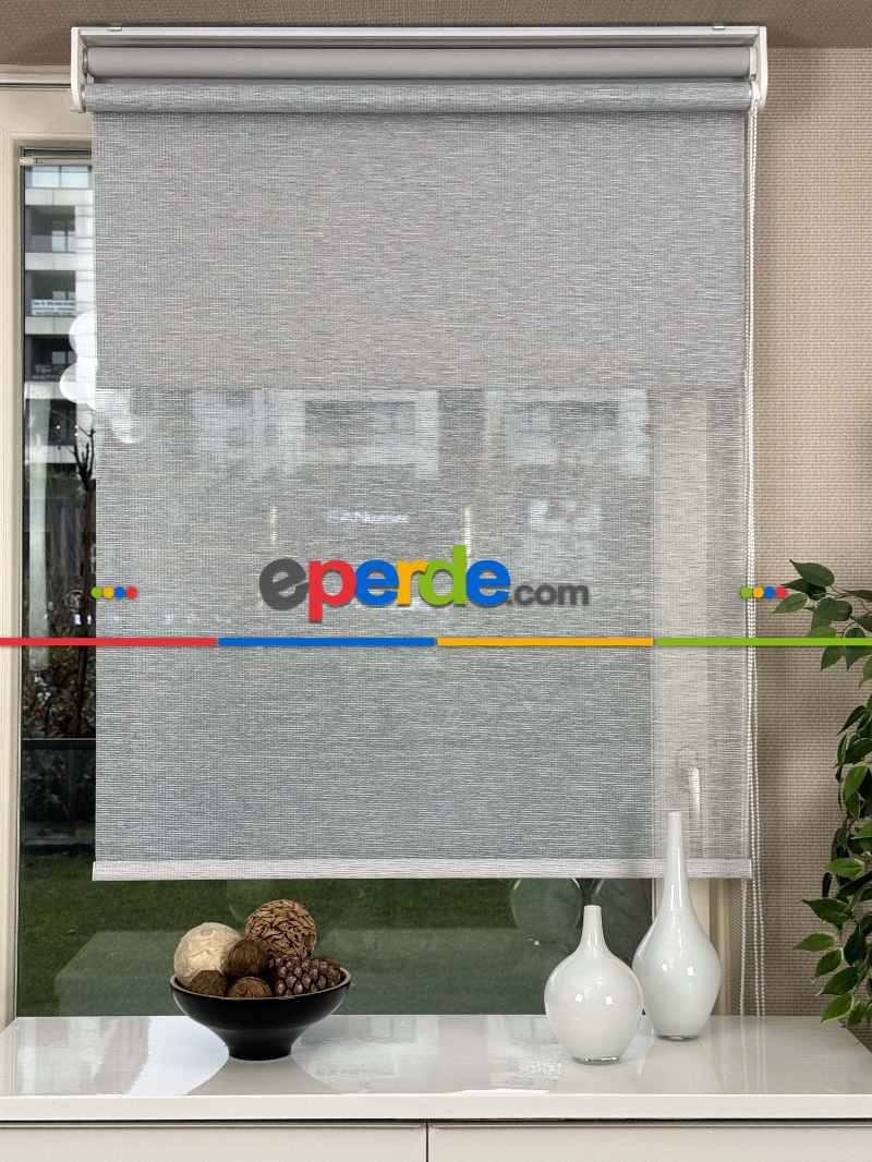 Açık Gri Çiftli Sistem Tül Stor Perde, Standart Metal Kasalı Yüksek Kalite Kornişe Kolay Montaj Seçenekli