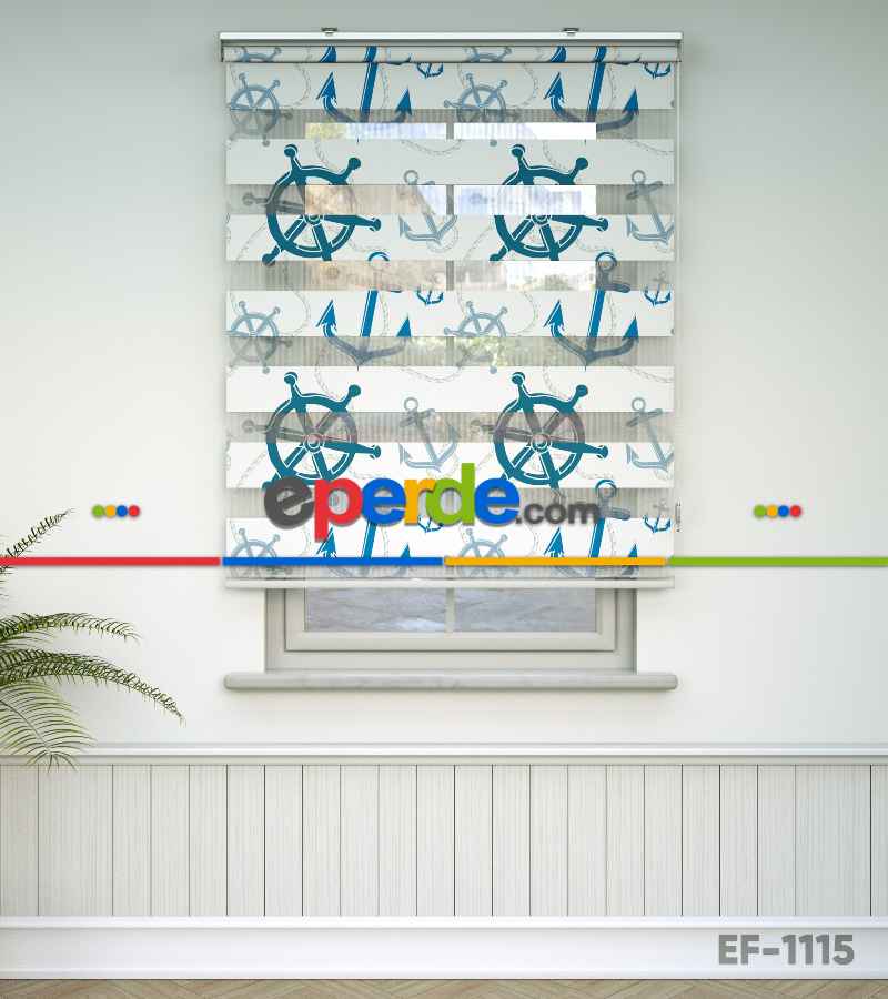 Bebek Odası Zebra Perde - Çapa Ve Dümen Baskılı Zebra Perde- Mavi-Beyaz