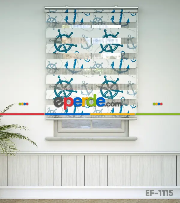 Bebek Odası Zebra Perde - Çapa Ve Dümen Baskılı Zebra Perde- Mavi-Beyaz