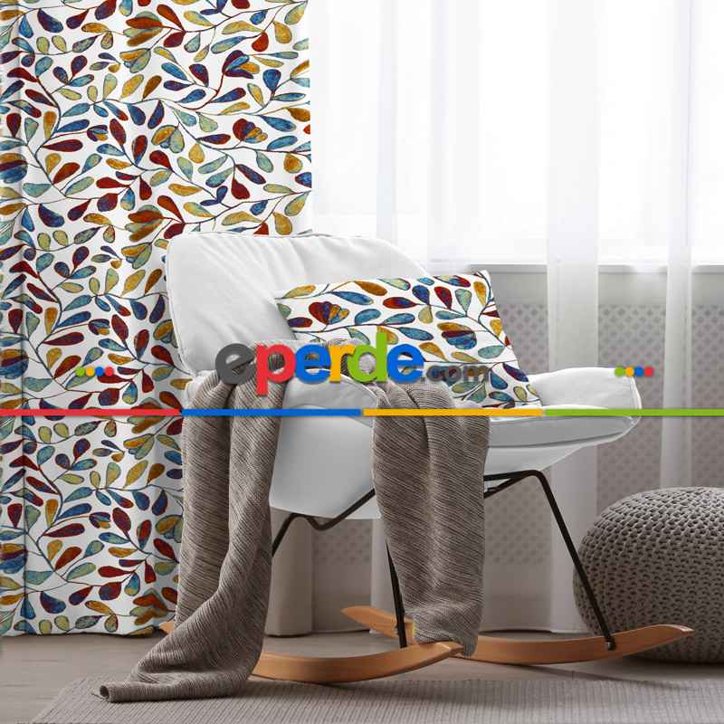 Yaprak Desenli Fon Perde Evim784 Kumaşı Kalındır Duck Bezi Değildir- Mavi-beyaz