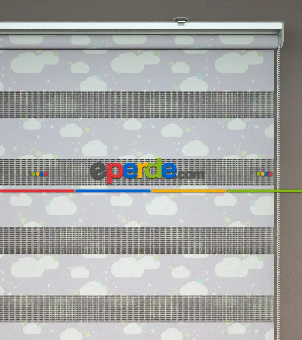 Bulut Desenli Baskılı Zebra Perde- Çok Renkli