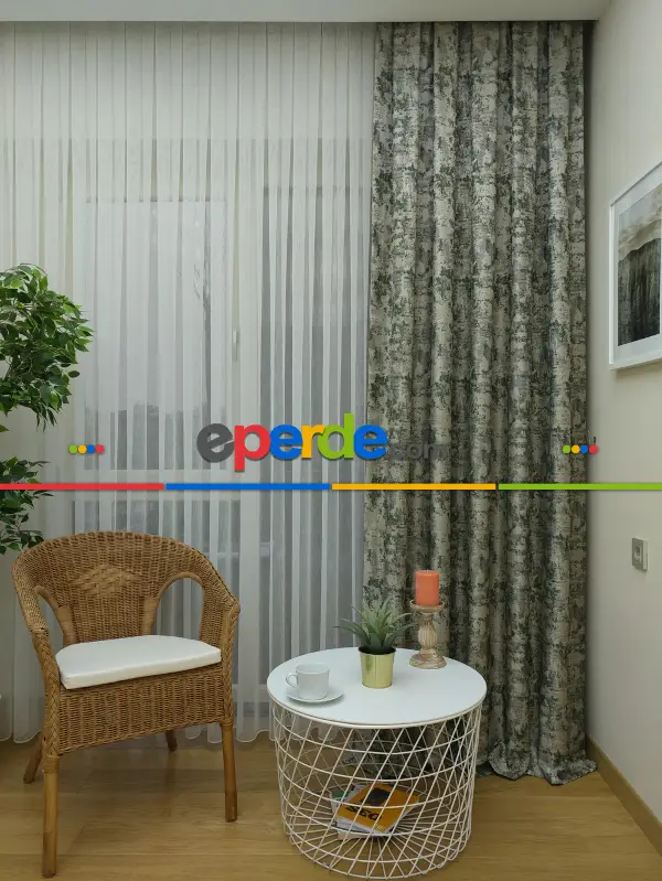 Bej Koyu Yeşil Desenli Jakar Fon Perde (180)- Yeşil Koyu Yeşil