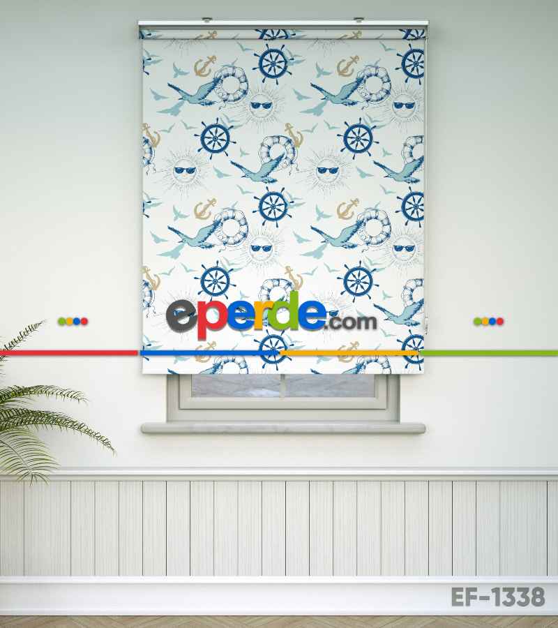 Çocuk Odası Stor Perde - Denizci Desenli Baskılı Stor Perde- Çok Renkli