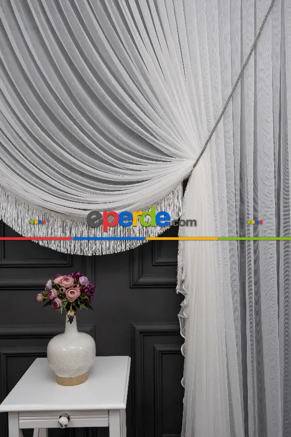 Hafif Keten Yalancı Kruvaze - Tülden Fon - Halat İle Yana Toplamalı Tül - Kordon Toplama Tül - Çift Veya Tek Kanat - Aksesuar İlave Ücretlidir - Kurşunlu Tül