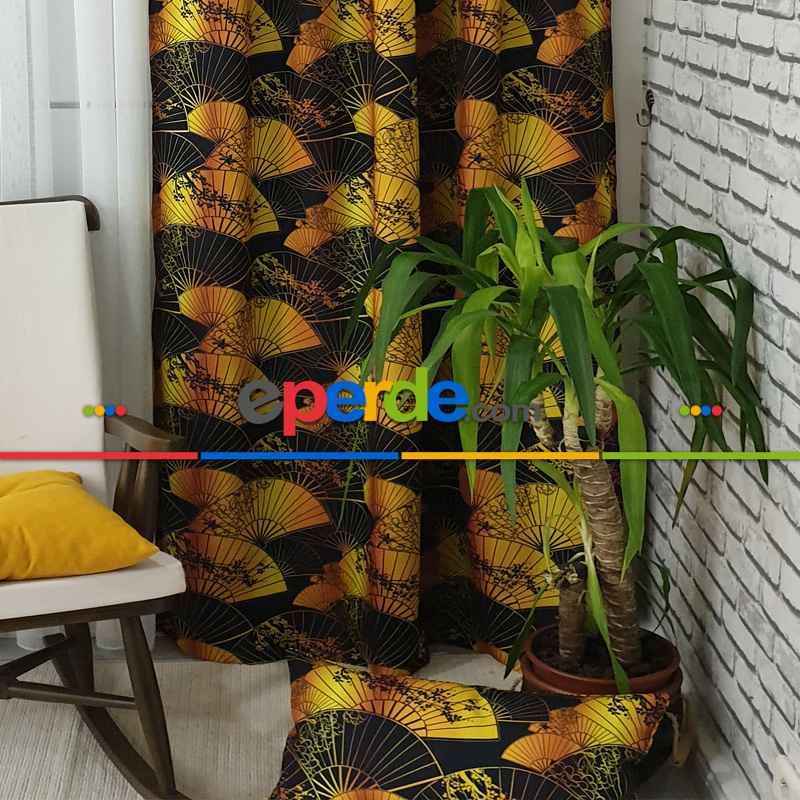 Japon Yelpaze Desenli Fon Perde Evm698 Kumaşı Kalındır Duck Bezi Değildir- Siyah