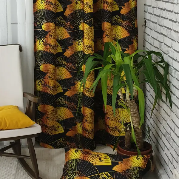 Japon Yelpaze Desenli Fon Perde Evm698 Kumaşı Kalındır Duck Bezi Değildir- Siyah