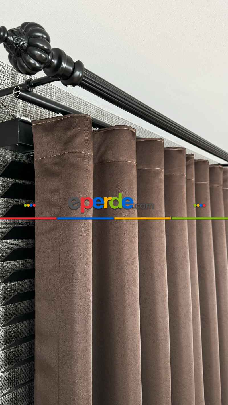 Kahverengi Altın Fon Perde, Damask Desenli