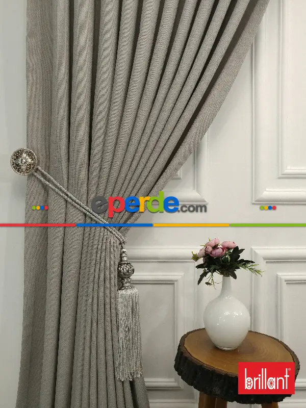 Brillant Keten Açık Gri Renk Düz Fon Perde 180cm- Açık Gri