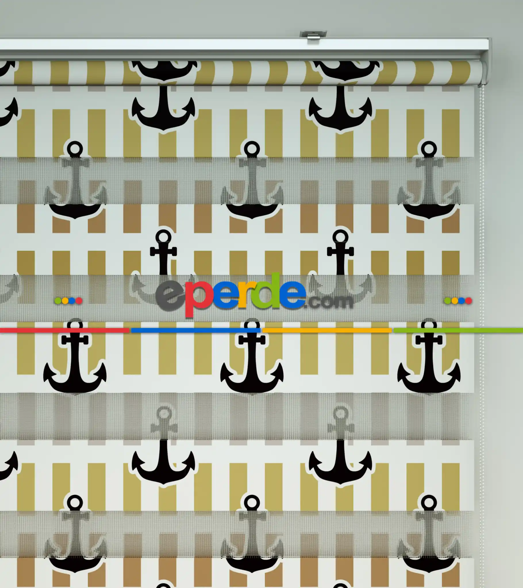 Bebek Odası Zebra Perde - Çapa Baskılı Zebra Perde- Siyah-Sarı-Beyaz