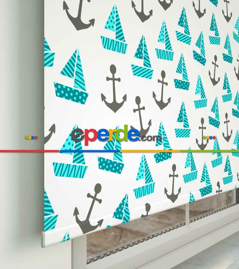 Bebek Odası Stor Perde - Denizci Desenli Baskılı Stor Perde- Çok Renkli