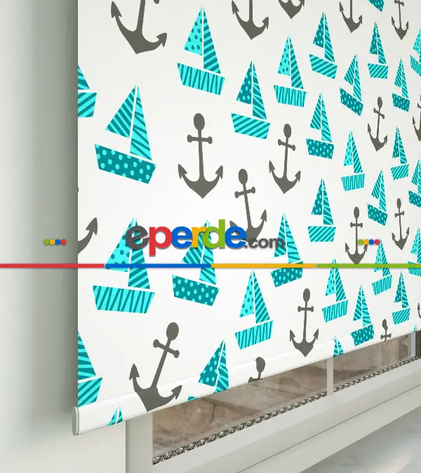 Bebek Odası Stor Perde - Denizci Desenli Baskılı Stor Perde- Çok Renkli
