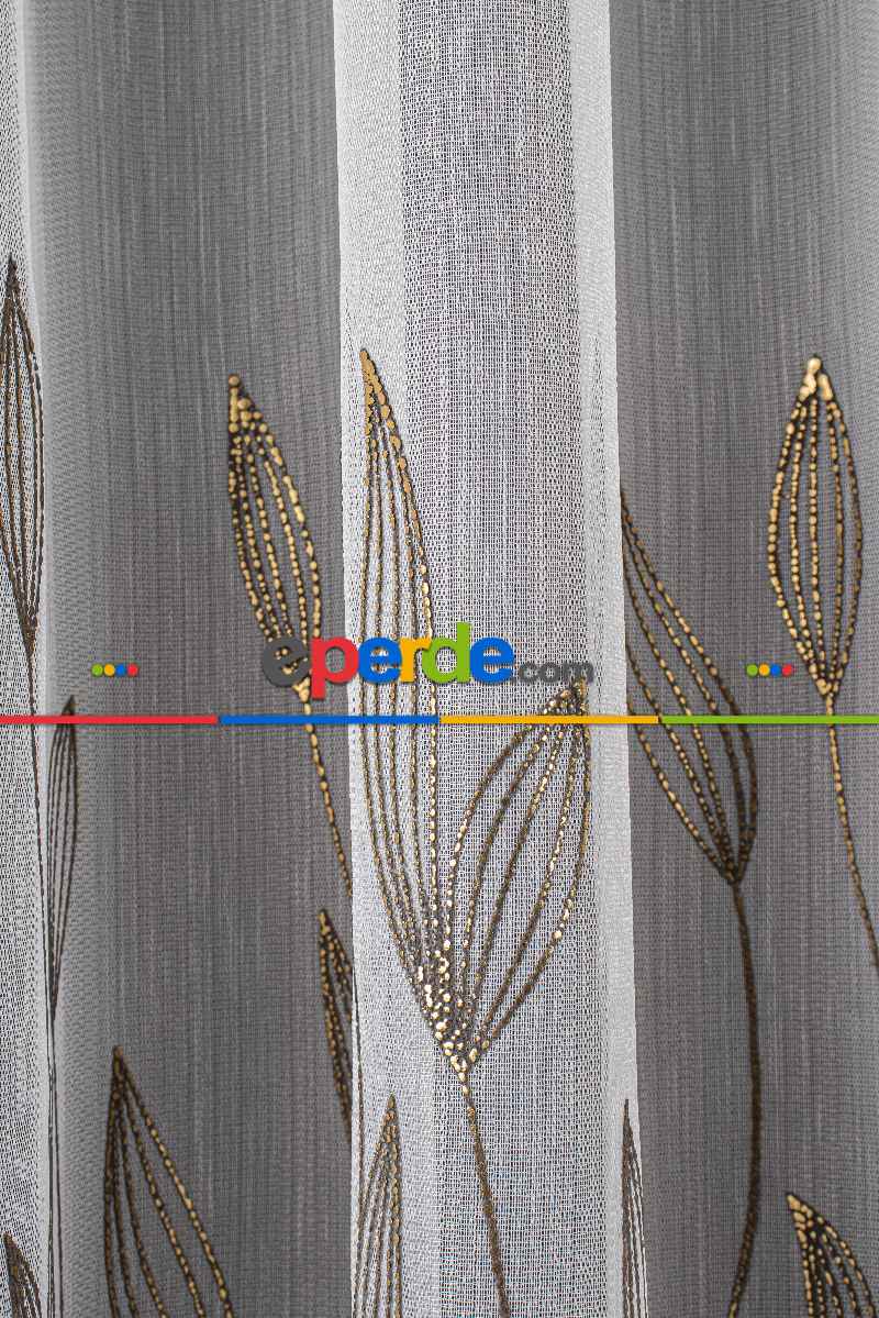 Oturma Odası - Altın/gümüş/bakır Kabartmalı Yaprak Desenli Tül Perde - Armür Dokuma Keten Efektli