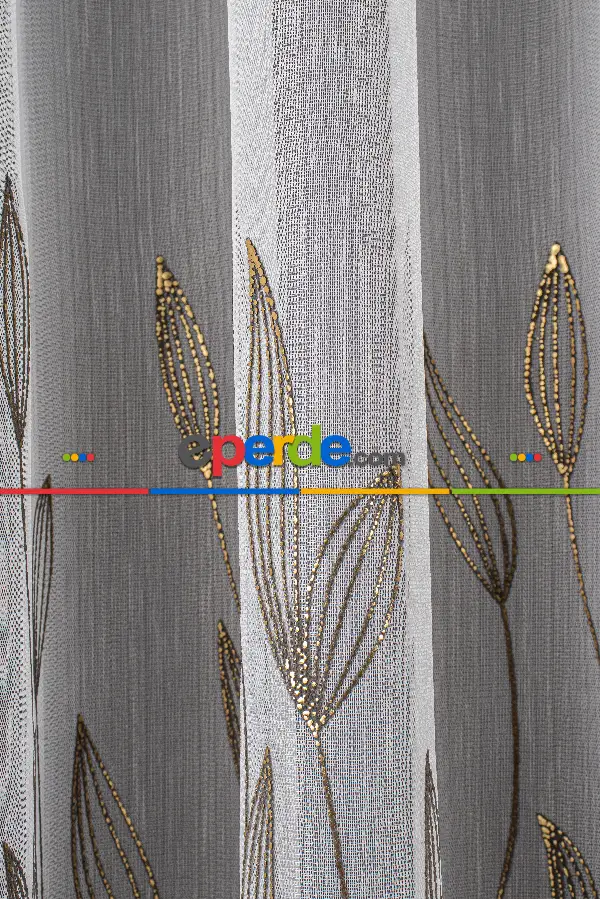 Salon - Altın/gümüş/bakır Kabartmalı Yaprak Desenli Tül Perde - Armür Dokuma Keten Efektli