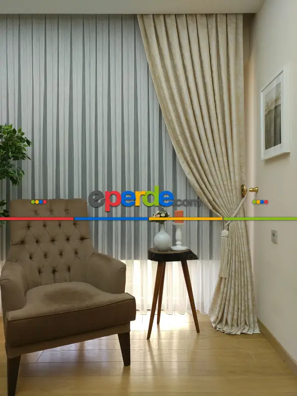 Bej Renk Jakar Desenli Fon Perde- Bej