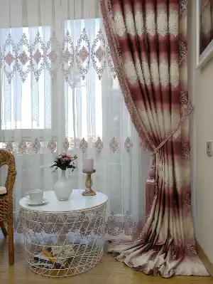 Renk Geçişli Jakar Desenli Salon Fon Perdesi - Pembe - Kiremit - Bej ( Kendinden Saçaklı)- Bej-pembe-kiremit Rengi