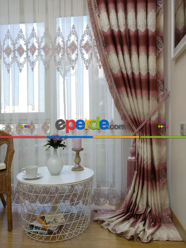 Renk Geçişli Jakar Desenli Salon Fon Perdesi - Pembe - Kiremit - Bej ( Kendinden Saçaklı)- Bej-pembe-kiremit Rengi