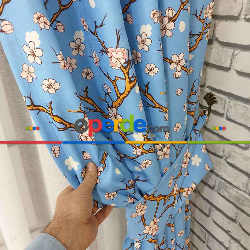 Çiçek Desenli Fon Perde Evm389 - Kumaşı Kalındır Duck Bezi Değildir.- Turkuaz-Kahve